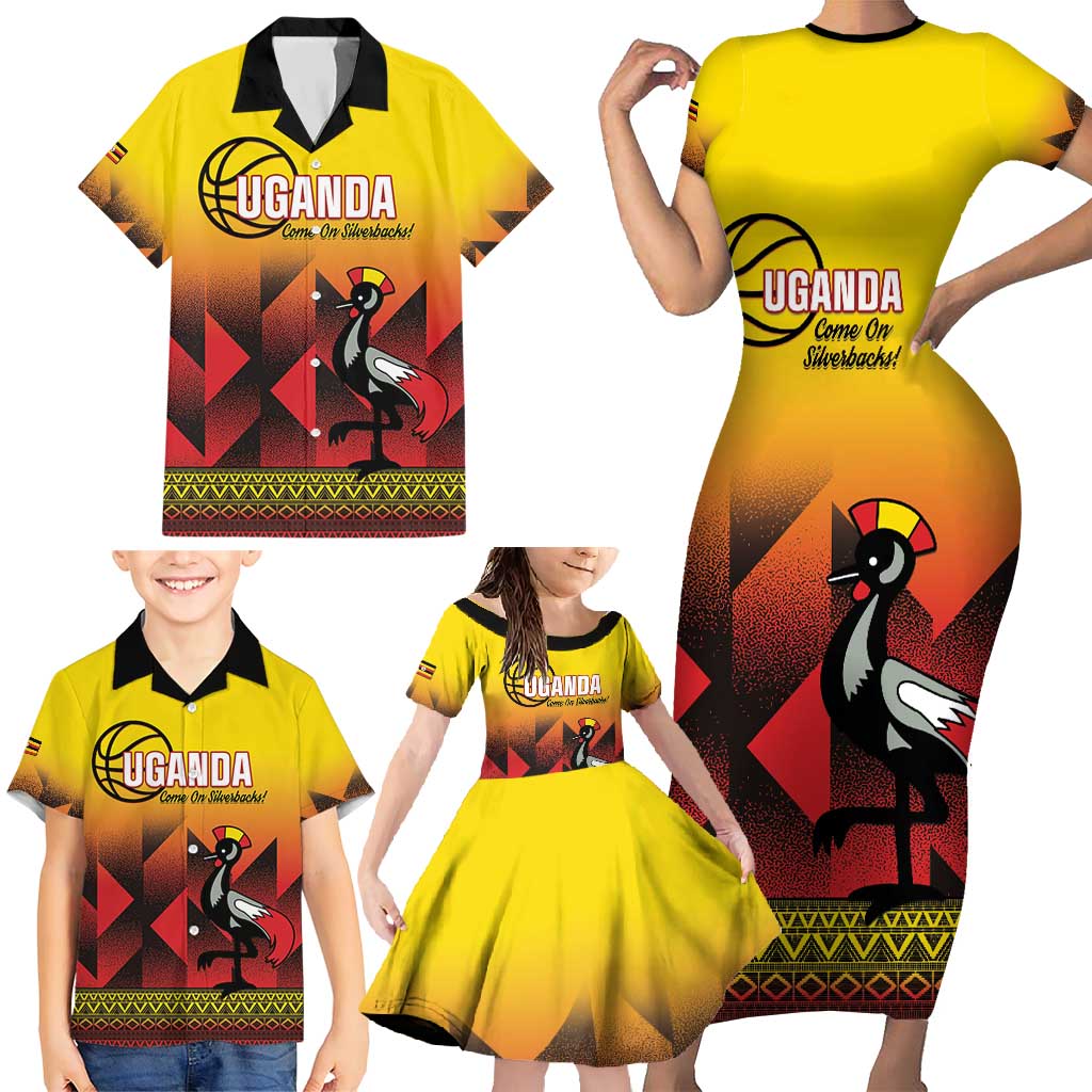 Uganda Basketball Custom Family Matching Short Sleeve Bodycon Dress and Hawaiian Shirt Come On Silverbacks African Pattern - Wonder Print Shop