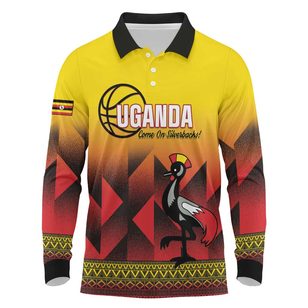 Uganda Basketball Custom Long Sleeve Polo Shirt Come On Silverbacks African Pattern - Wonder Print Shop