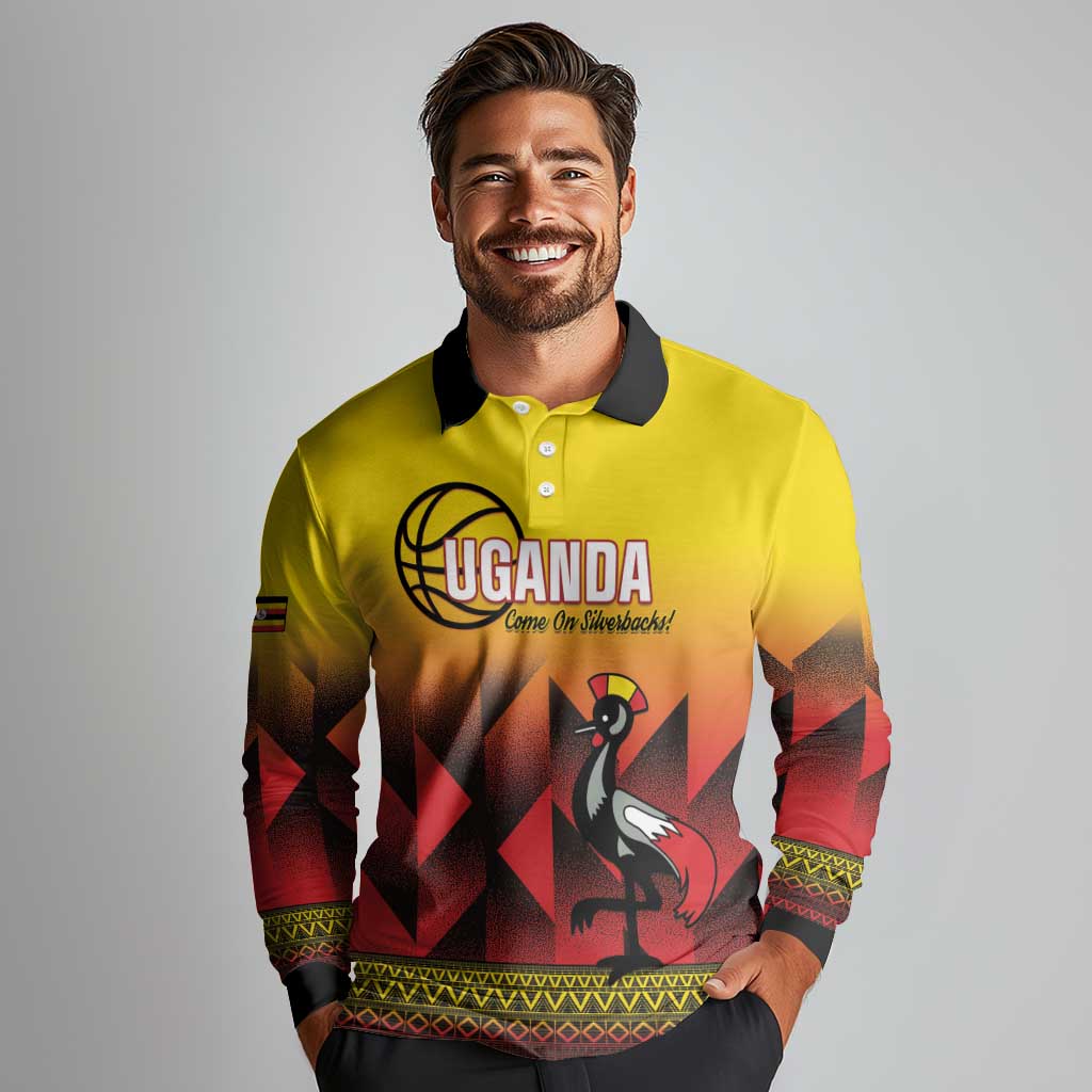 Uganda Basketball Custom Long Sleeve Polo Shirt Come On Silverbacks African Pattern - Wonder Print Shop