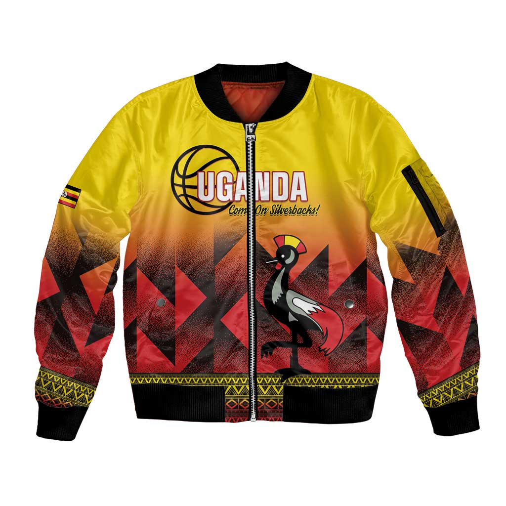 Uganda Basketball Custom Sleeve Zip Bomber Jacket Come On Silverbacks African Pattern - Wonder Print Shop