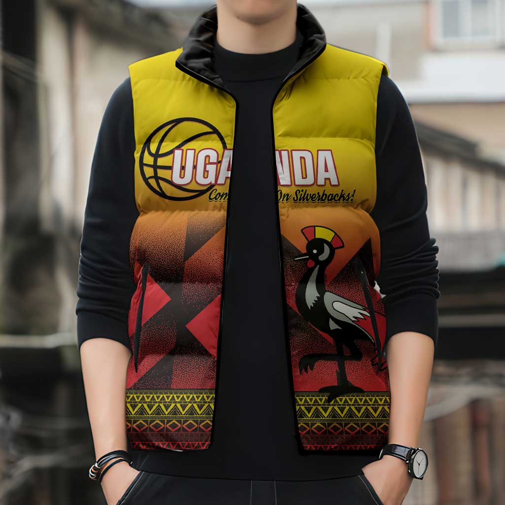 Uganda Basketball Custom Sleeveless Puffer Jacket Come On Silverbacks African Pattern - Wonder Print Shop