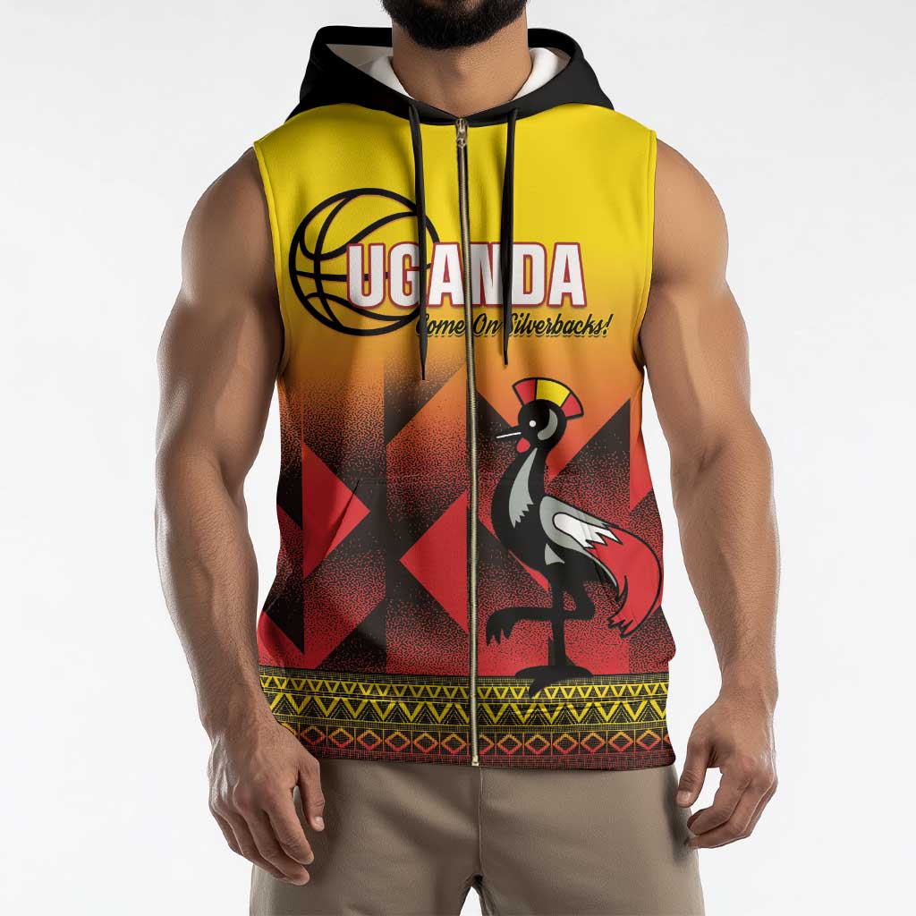Uganda Basketball Custom Sleeveless Zip Hoodie Come On Silverbacks African Pattern - Wonder Print Shop