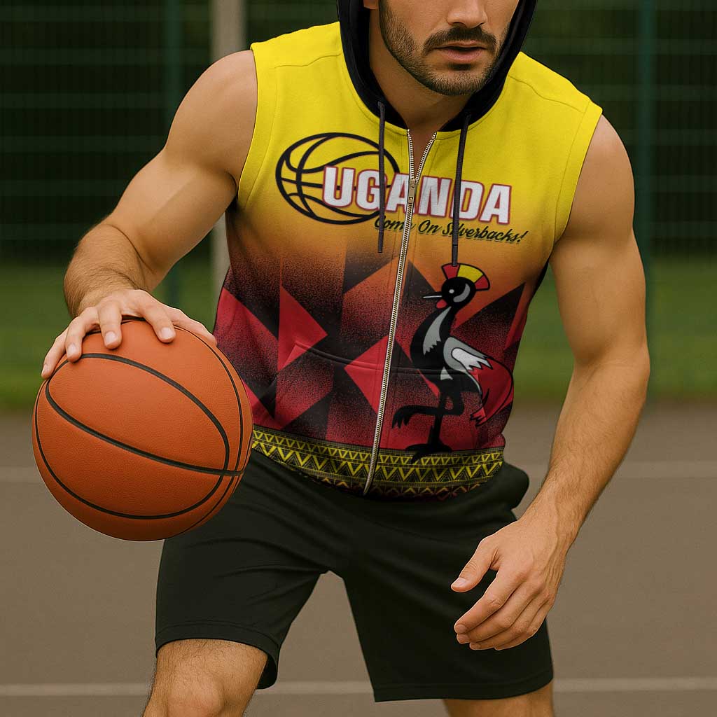 Uganda Basketball Custom Sleeveless Zip Hoodie Come On Silverbacks African Pattern - Wonder Print Shop