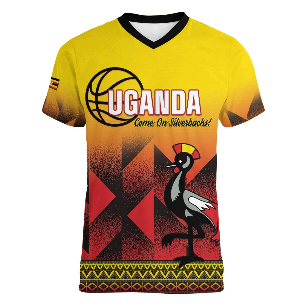 Uganda Basketball Custom Women V-Neck T-Shirt Come On Silverbacks African Pattern - Wonder Print Shop