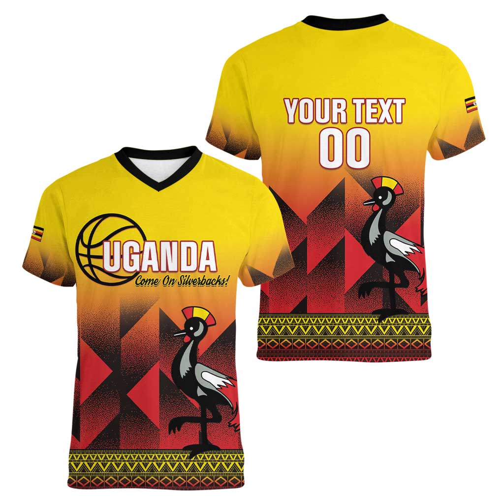 Uganda Basketball Custom Women V-Neck T-Shirt Come On Silverbacks African Pattern - Wonder Print Shop