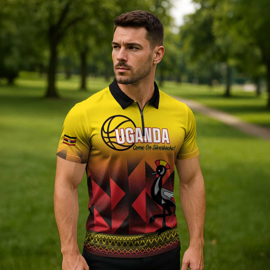 Uganda Basketball Custom Zipper Polo Shirt Come On Silverbacks African Pattern - Wonder Print Shop