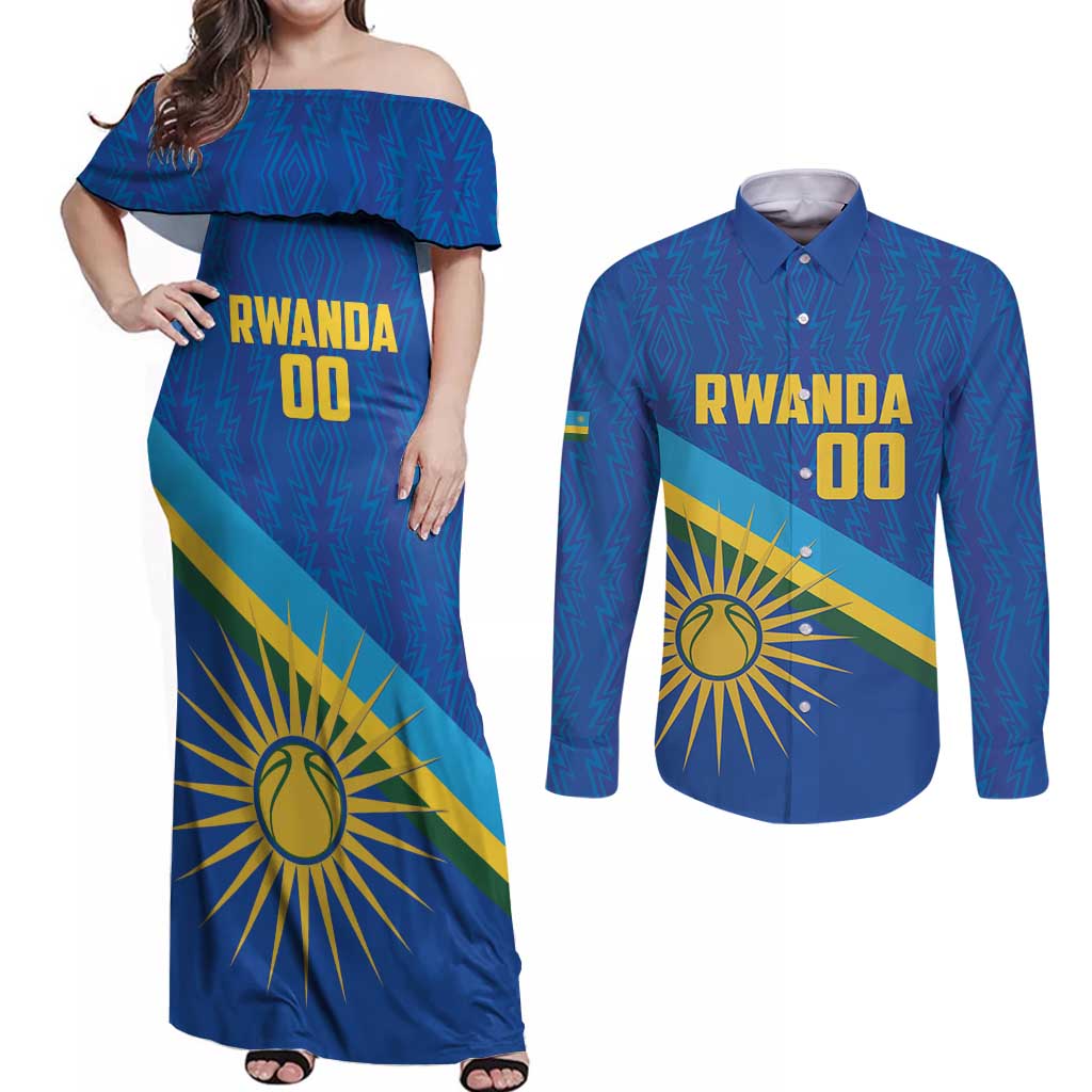 Rwanda Basketball Custom Couples Matching Off Shoulder Maxi Dress and Long Sleeve Button Shirt Go Champions Imigongo Folk Pattern - Wonder Print Shop