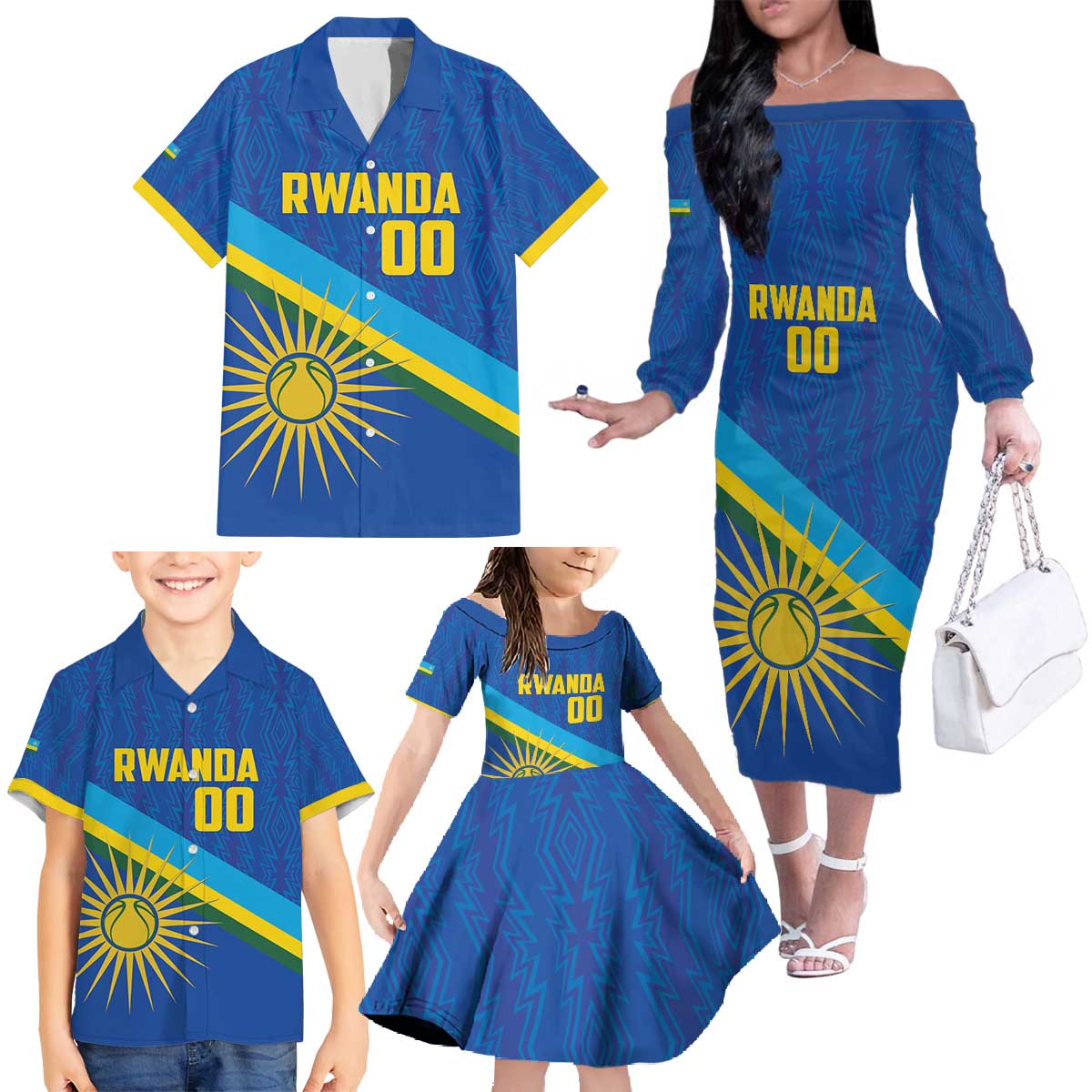 Rwanda Basketball Custom Family Matching Off The Shoulder Long Sleeve Dress and Hawaiian Shirt Go Champions Imigongo Folk Pattern - Wonder Print Shop