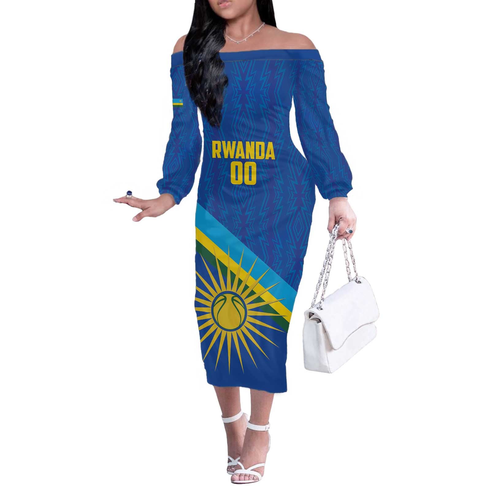 Rwanda Basketball Custom Off The Shoulder Long Sleeve Dress Go Champions Imigongo Folk Pattern - Wonder Print Shop