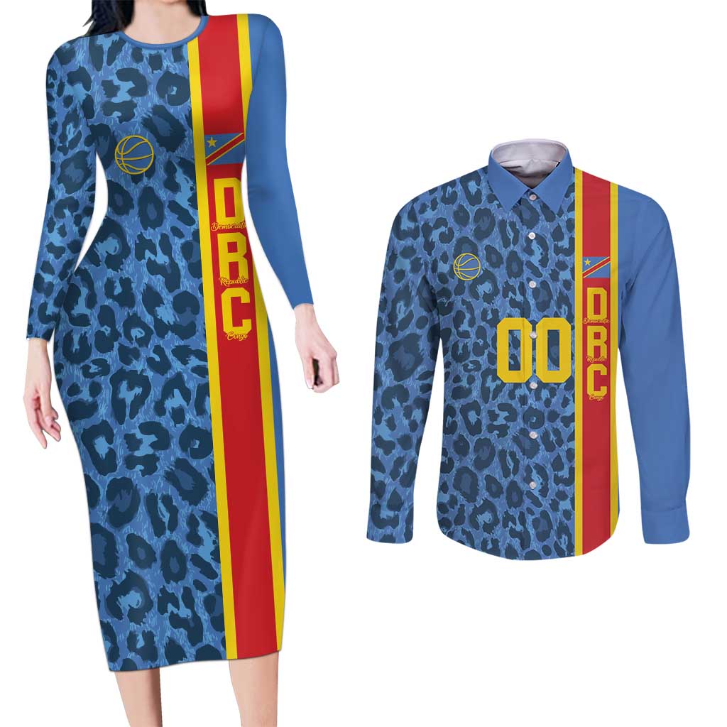 DR Congo Basketball Custom Couples Matching Long Sleeve Bodycon Dress and Long Sleeve Button Shirt Come On Leopards Skin Pattern - Wonder Print Shop