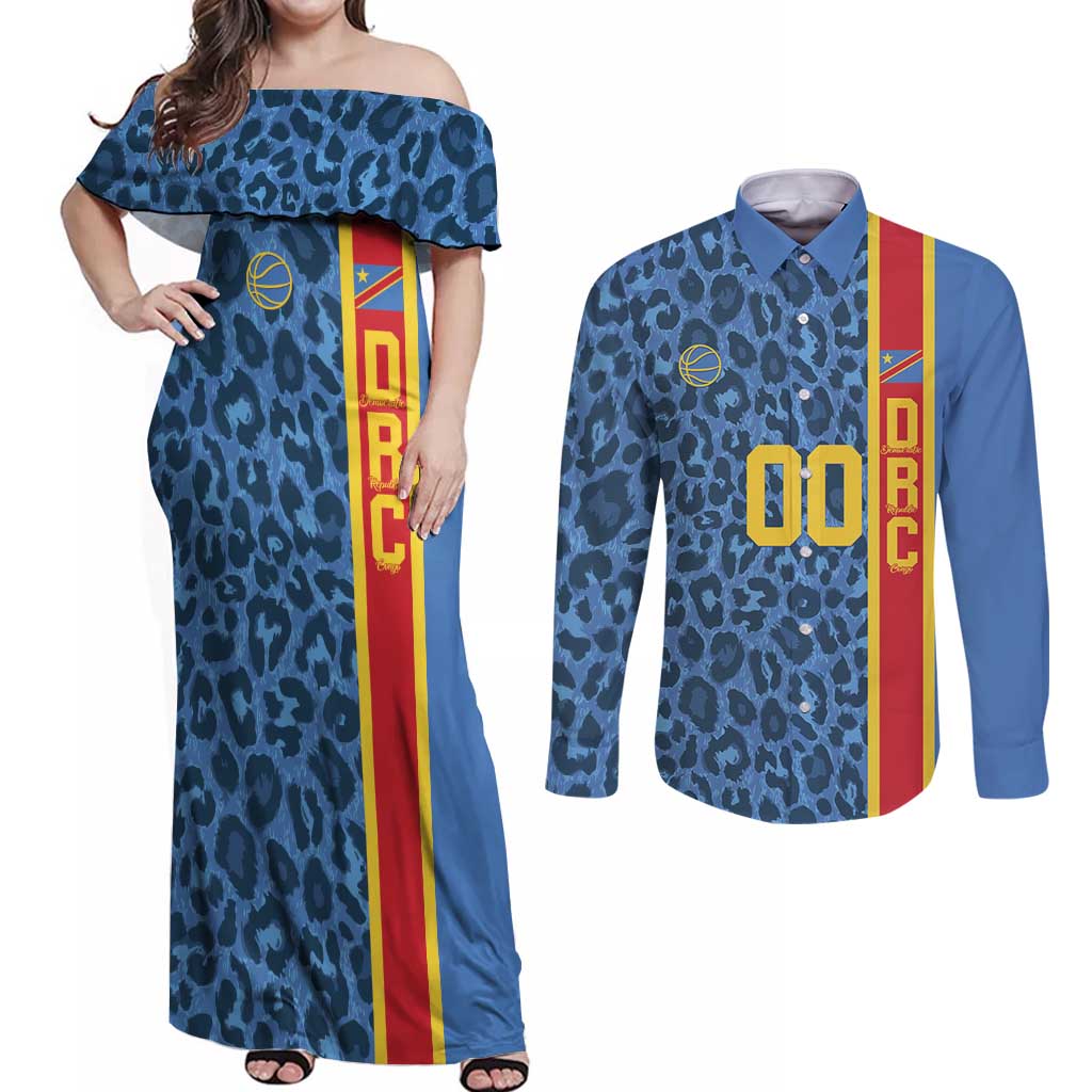 DR Congo Basketball Custom Couples Matching Off Shoulder Maxi Dress and Long Sleeve Button Shirt Come On Leopards Skin Pattern - Wonder Print Shop