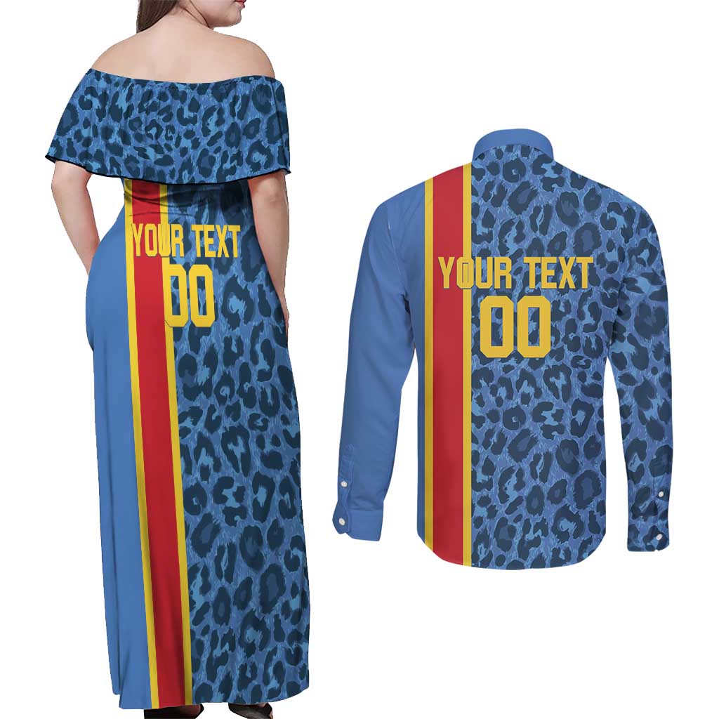 DR Congo Basketball Custom Couples Matching Off Shoulder Maxi Dress and Long Sleeve Button Shirt Come On Leopards Skin Pattern - Wonder Print Shop