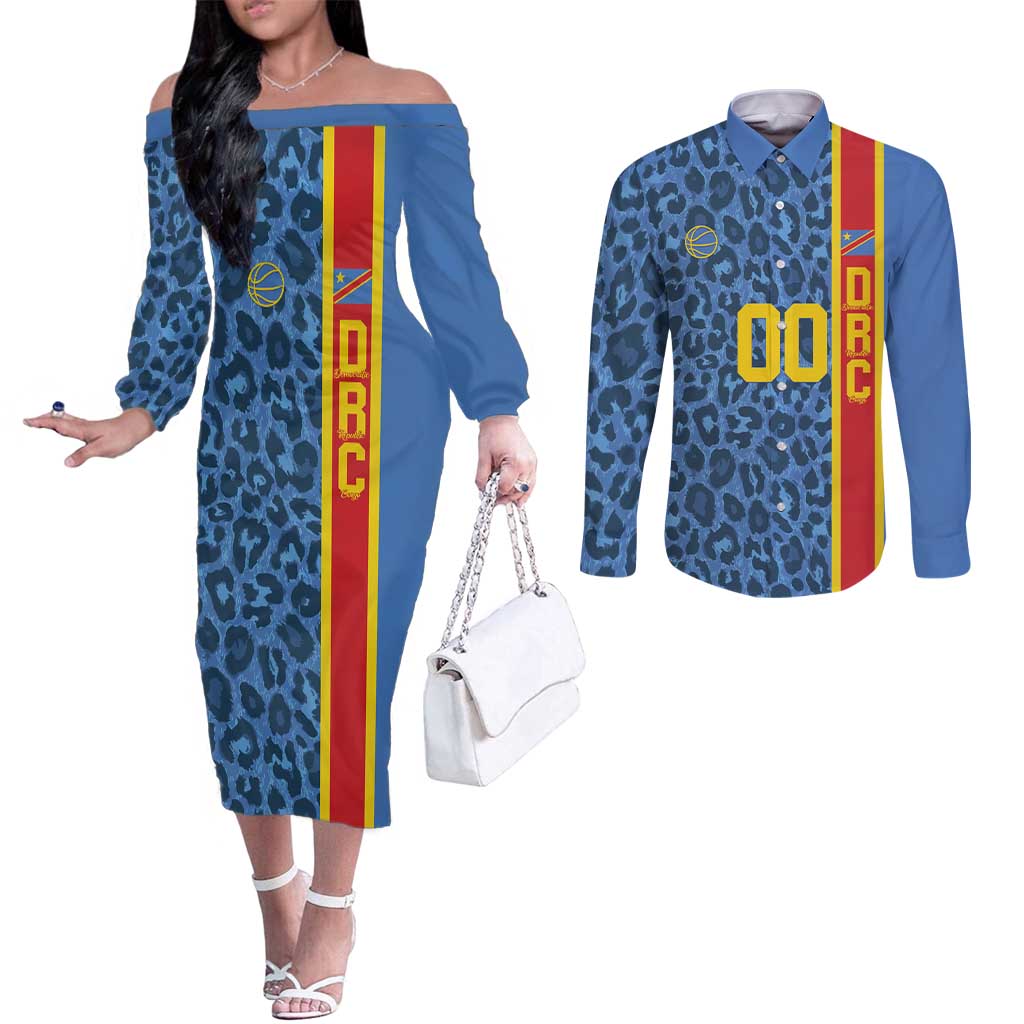 DR Congo Basketball Custom Couples Matching Off The Shoulder Long Sleeve Dress and Long Sleeve Button Shirt Come On Leopards Skin Pattern - Wonder Print Shop