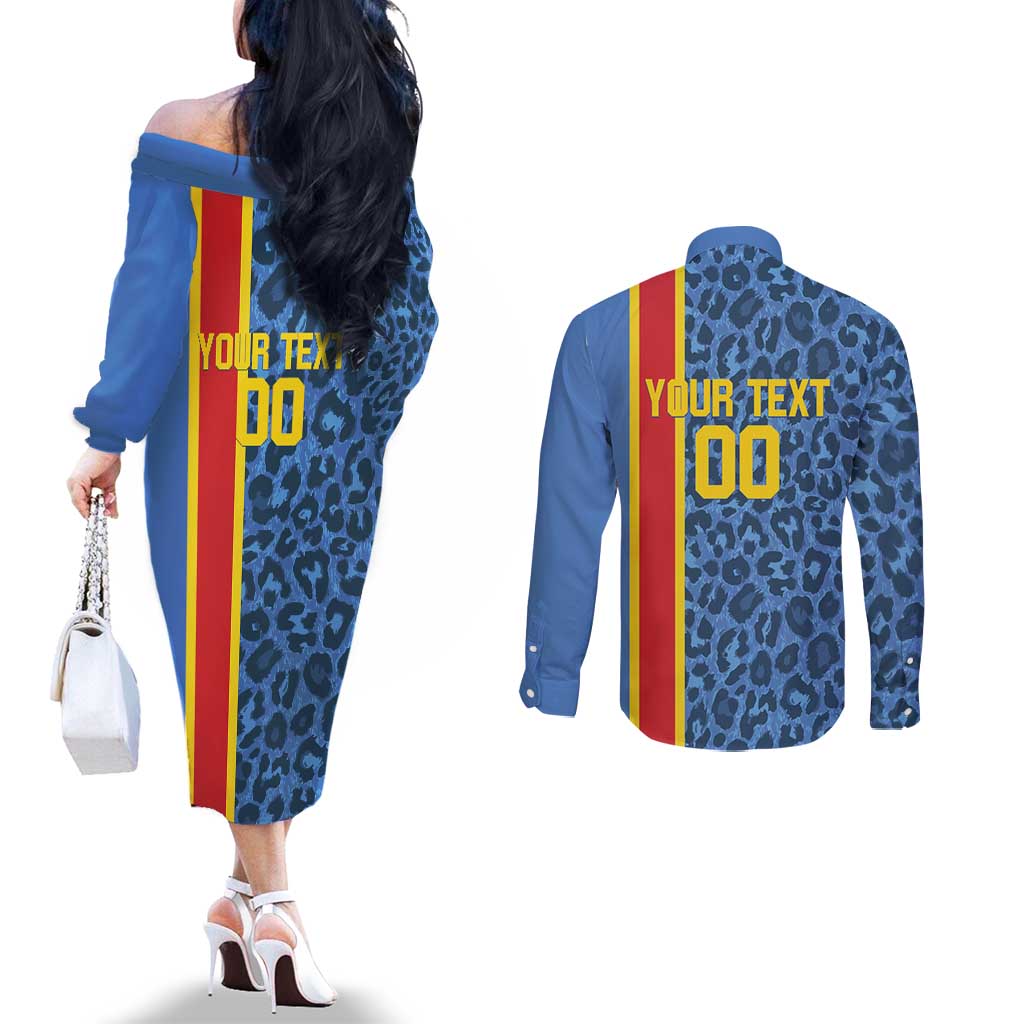 DR Congo Basketball Custom Couples Matching Off The Shoulder Long Sleeve Dress and Long Sleeve Button Shirt Come On Leopards Skin Pattern - Wonder Print Shop