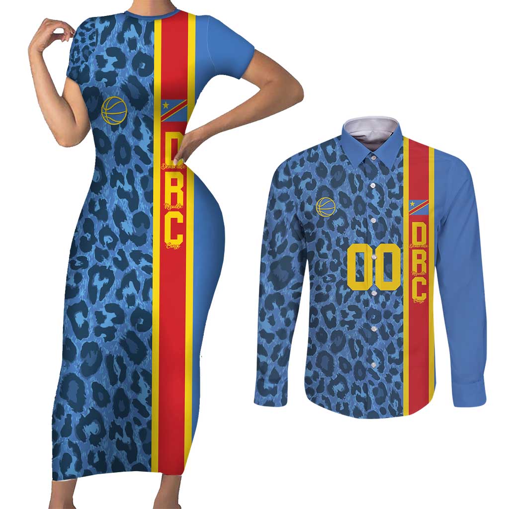 DR Congo Basketball Custom Couples Matching Short Sleeve Bodycon Dress and Long Sleeve Button Shirt Come On Leopards Skin Pattern - Wonder Print Shop