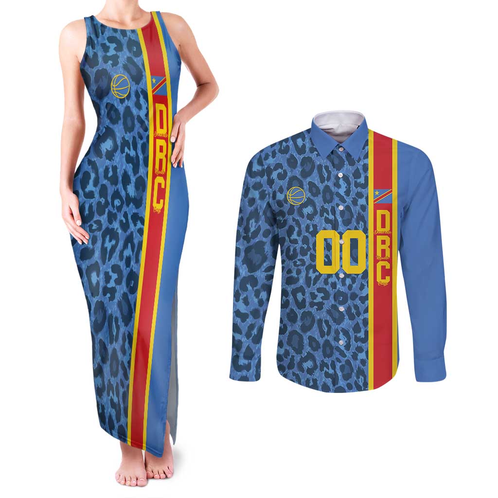 DR Congo Basketball Custom Couples Matching Tank Maxi Dress and Long Sleeve Button Shirt Come On Leopards Skin Pattern - Wonder Print Shop