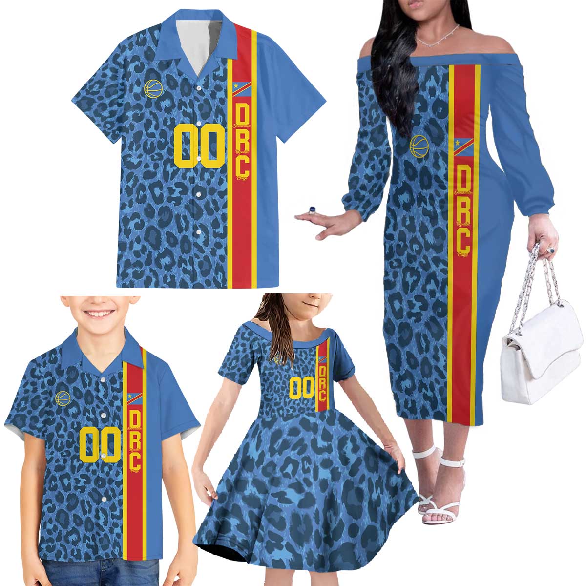 DR Congo Basketball Custom Family Matching Off The Shoulder Long Sleeve Dress and Hawaiian Shirt Come On Leopards Skin Pattern - Wonder Print Shop