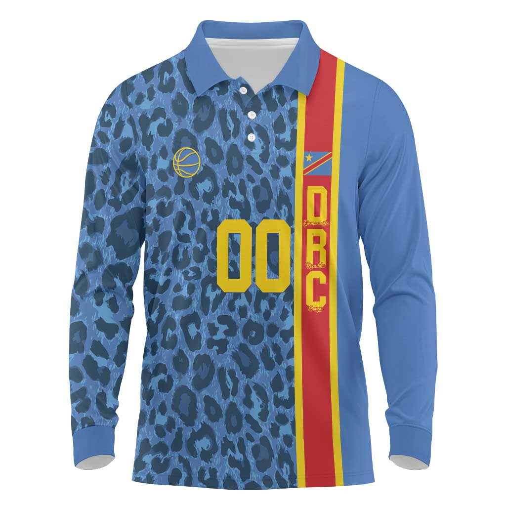 DR Congo Basketball Custom Long Sleeve Polo Shirt Come On Leopards Skin Pattern - Wonder Print Shop