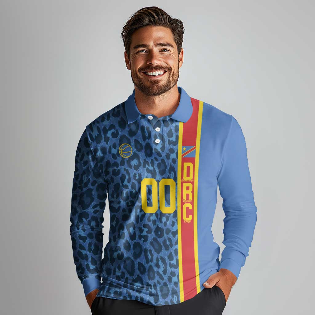 DR Congo Basketball Custom Long Sleeve Polo Shirt Come On Leopards Skin Pattern - Wonder Print Shop