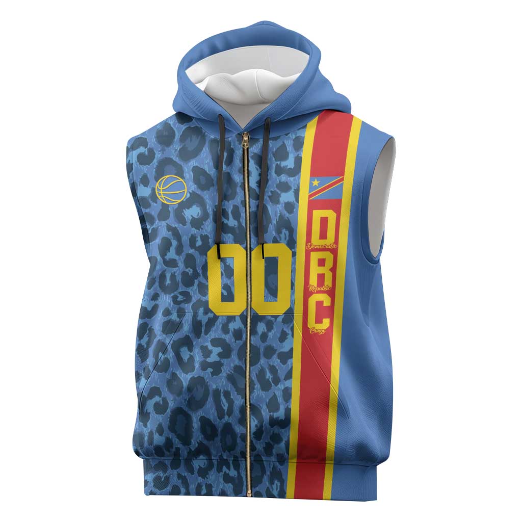 DR Congo Basketball Custom Sleeveless Zip Hoodie Come On Leopards Skin Pattern - Wonder Print Shop