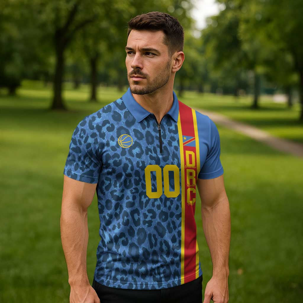 DR Congo Basketball Custom Zipper Polo Shirt Come On Leopards Skin Pattern - Wonder Print Shop