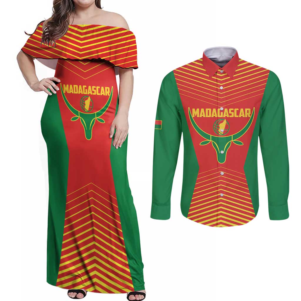 Madagascar Basketball Custom Couples Matching Off Shoulder Maxi Dress and Long Sleeve Button Shirt Come On Angel Manzano - Wonder Print Shop