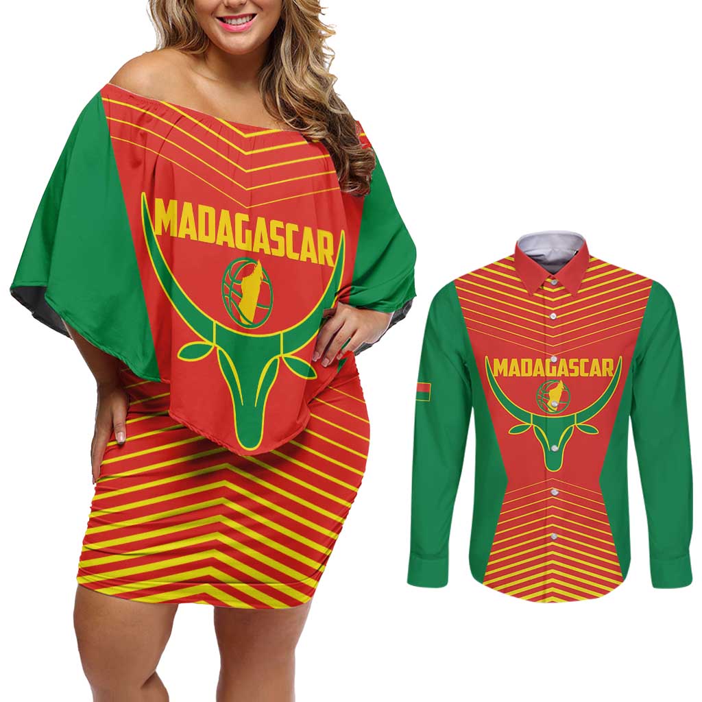 Madagascar Basketball Custom Couples Matching Off Shoulder Short Dress and Long Sleeve Button Shirt Come On Angel Manzano - Wonder Print Shop