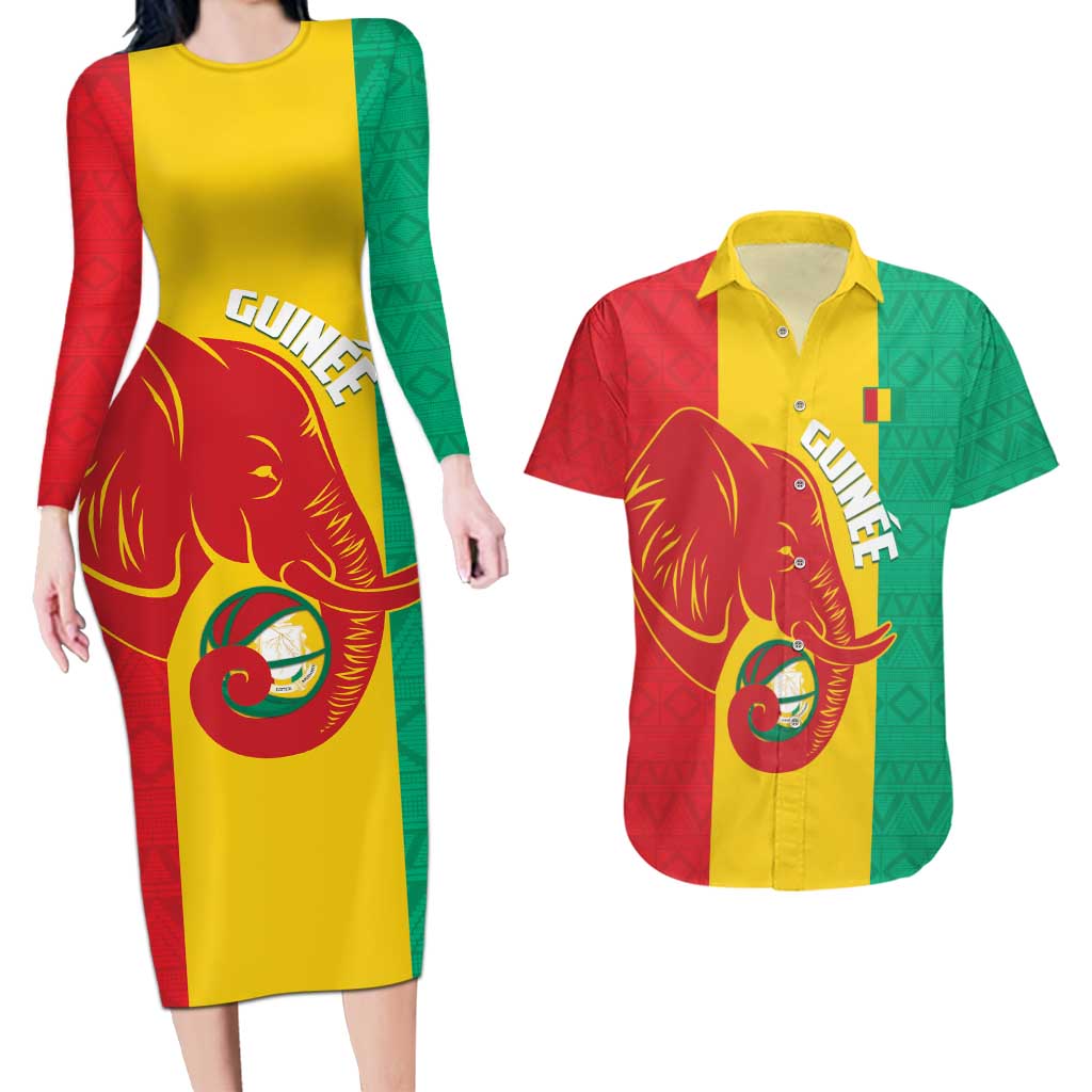 Guinea Basketball Custom Couples Matching Long Sleeve Bodycon Dress and Hawaiian Shirt Syli Nationale African Pattern - Wonder Print Shop