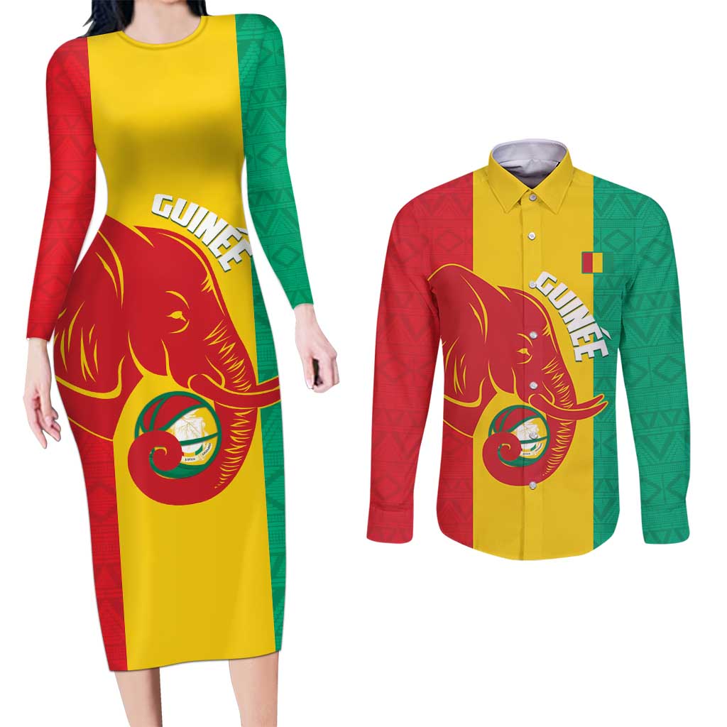 Guinea Basketball Custom Couples Matching Long Sleeve Bodycon Dress and Long Sleeve Button Shirt Syli Nationale African Pattern - Wonder Print Shop
