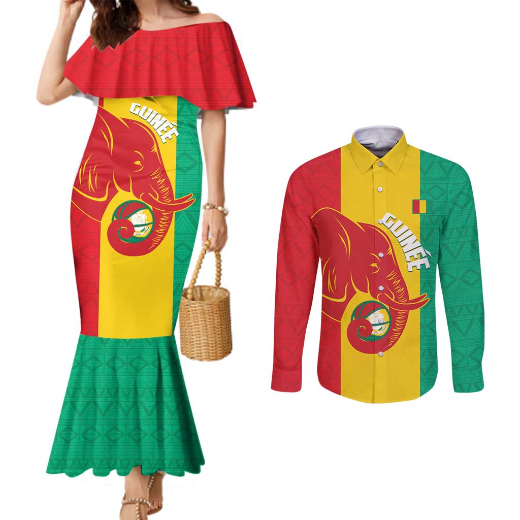 Guinea Basketball Custom Couples Matching Mermaid Dress and Long Sleeve Button Shirt Syli Nationale African Pattern - Wonder Print Shop