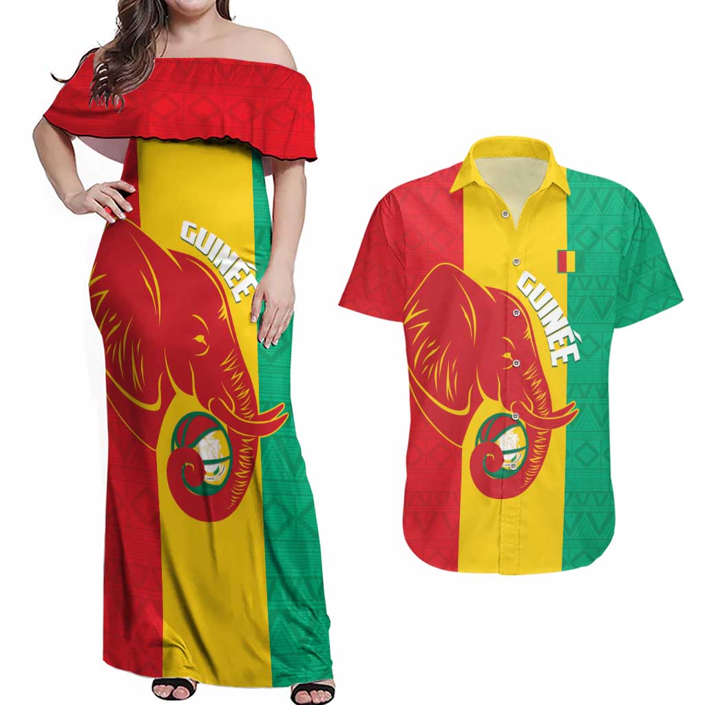 Guinea Basketball Custom Couples Matching Off Shoulder Maxi Dress and Hawaiian Shirt Syli Nationale African Pattern - Wonder Print Shop