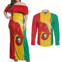 Guinea Basketball Custom Couples Matching Off Shoulder Maxi Dress and Long Sleeve Button Shirt Syli Nationale African Pattern - Wonder Print Shop