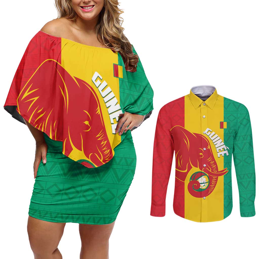 Guinea Basketball Custom Couples Matching Off Shoulder Short Dress and Long Sleeve Button Shirt Syli Nationale African Pattern - Wonder Print Shop