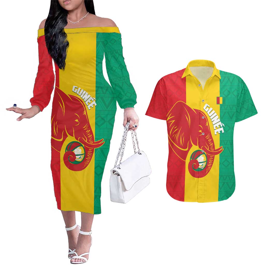 Guinea Basketball Custom Couples Matching Off The Shoulder Long Sleeve Dress and Hawaiian Shirt Syli Nationale African Pattern - Wonder Print Shop