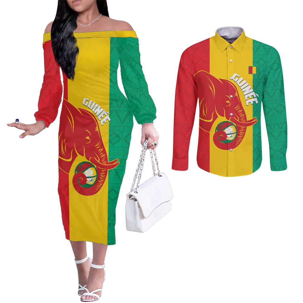 Guinea Basketball Custom Couples Matching Off The Shoulder Long Sleeve Dress and Long Sleeve Button Shirt Syli Nationale African Pattern - Wonder Print Shop