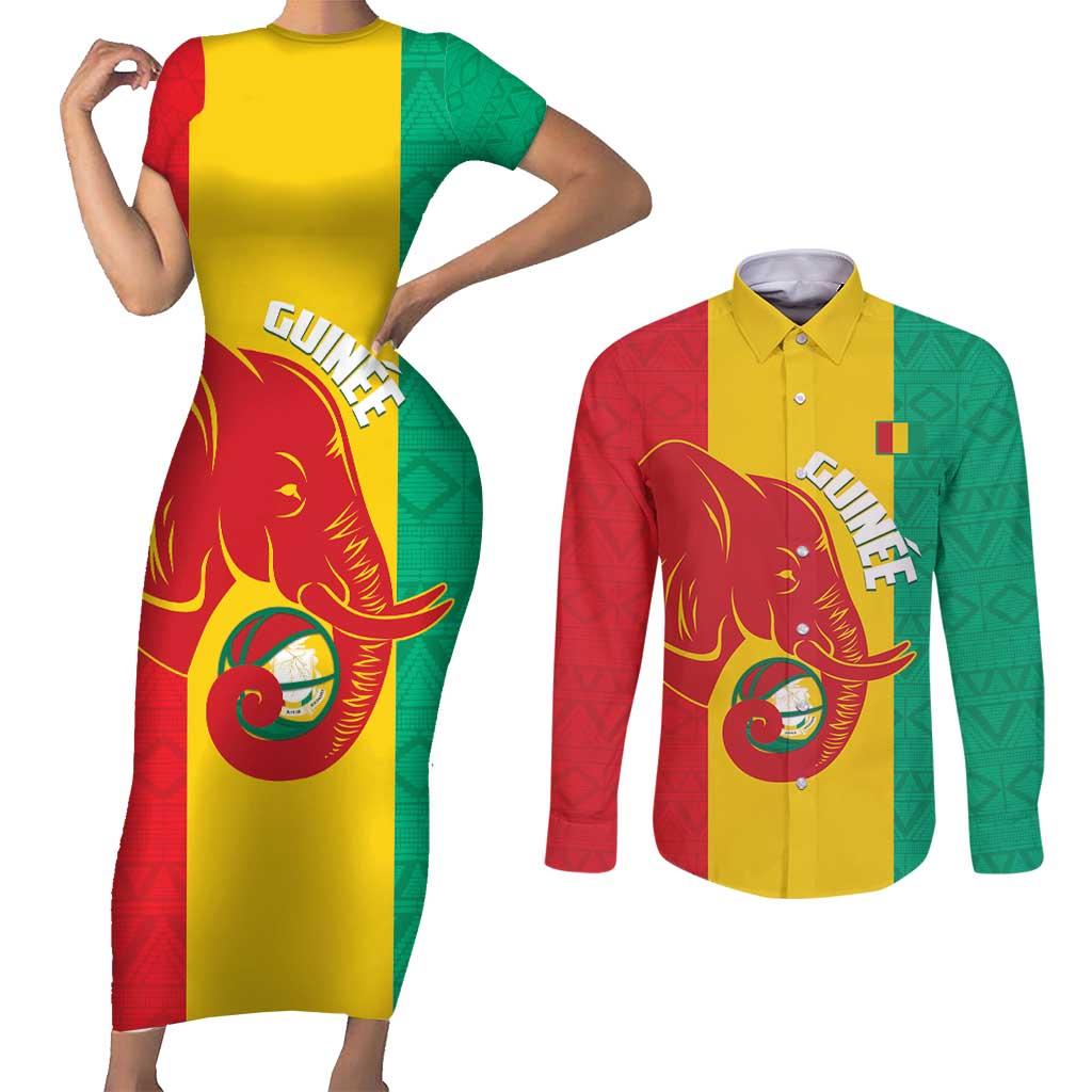 Guinea Basketball Custom Couples Matching Short Sleeve Bodycon Dress and Long Sleeve Button Shirt Syli Nationale African Pattern - Wonder Print Shop