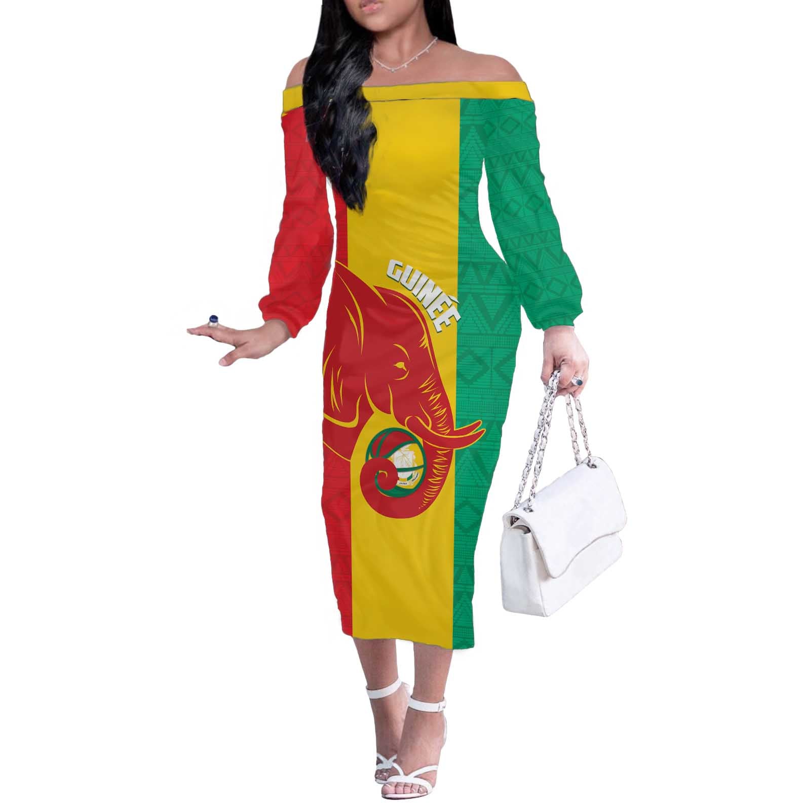 Guinea Basketball Custom Off The Shoulder Long Sleeve Dress Syli Nationale African Pattern - Wonder Print Shop