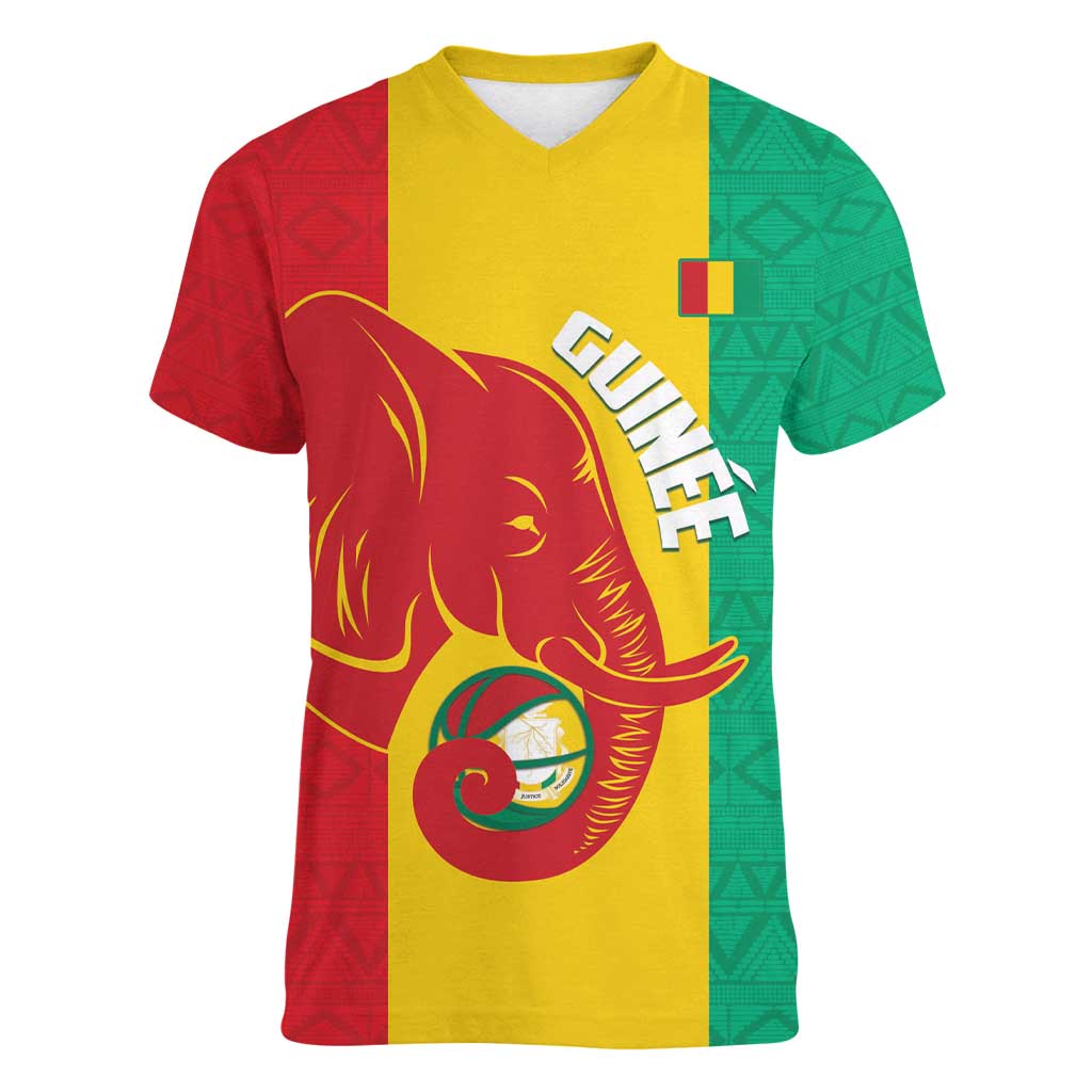 Guinea Basketball Custom Women V-Neck T-Shirt Syli Nationale African Pattern - Wonder Print Shop