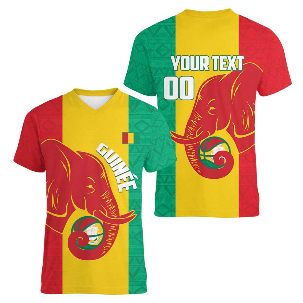 Guinea Basketball Custom Women V-Neck T-Shirt Syli Nationale African Pattern - Wonder Print Shop