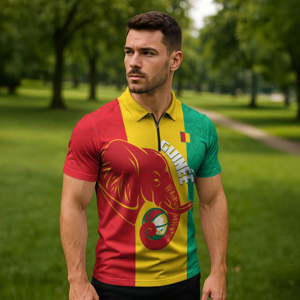Guinea Basketball Custom Zipper Polo Shirt Syli Nationale African Pattern - Wonder Print Shop