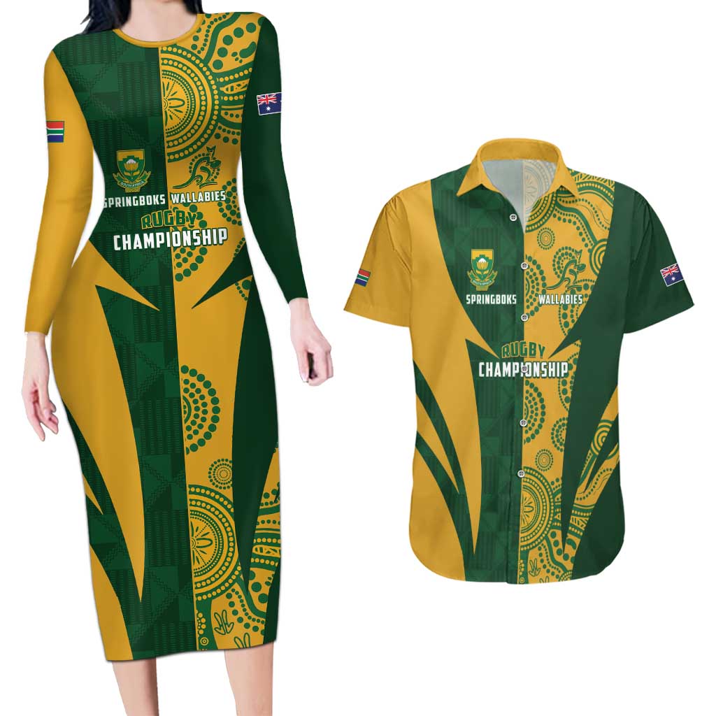 South Africa Australia Rugby Custom Couples Matching Long Sleeve Bodycon Dress and Hawaiian Shirt Springboks Wallabies Together - Wonder Print Shop