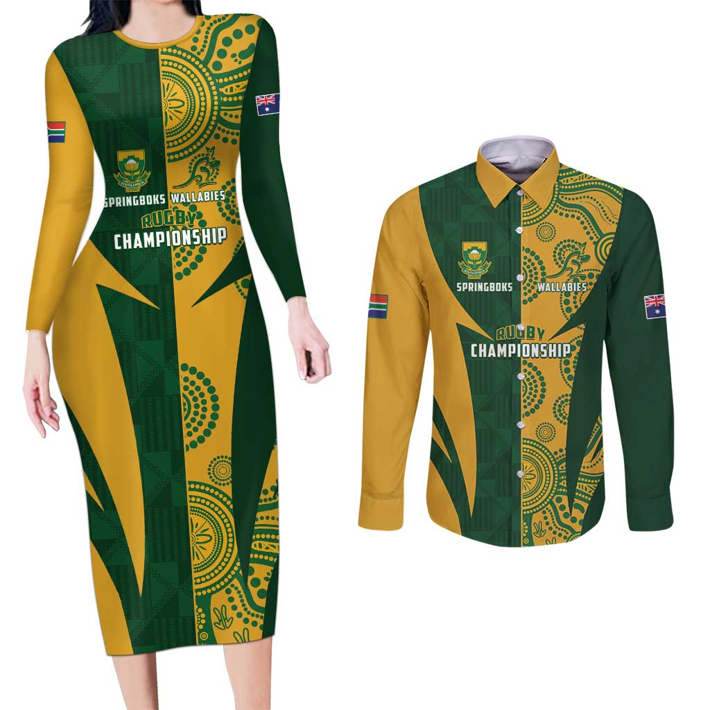 South Africa Australia Rugby Custom Couples Matching Long Sleeve Bodycon Dress and Long Sleeve Button Shirt Springboks Wallabies Together - Wonder Print Shop