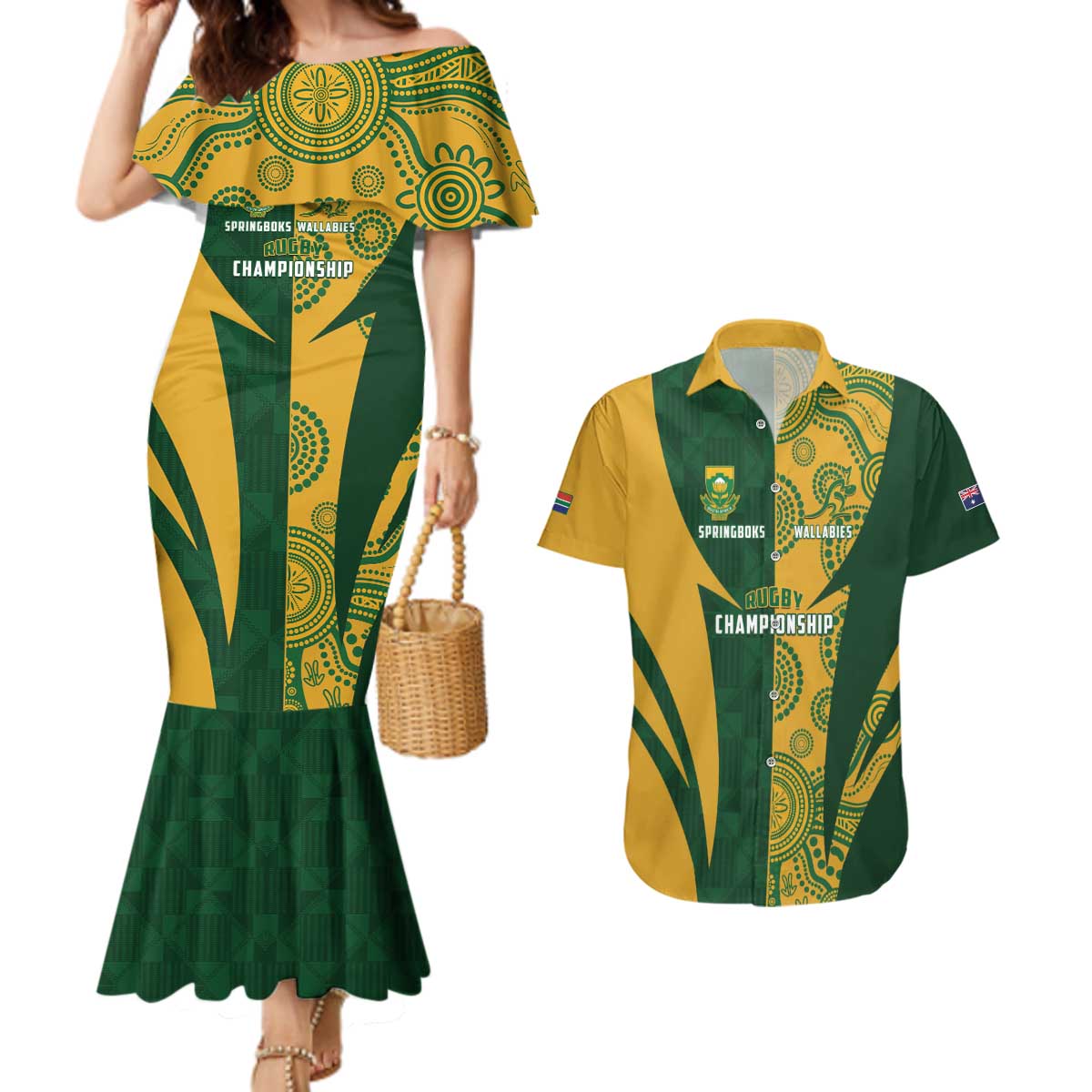 South Africa Australia Rugby Custom Couples Matching Mermaid Dress and Hawaiian Shirt Springboks Wallabies Together - Wonder Print Shop