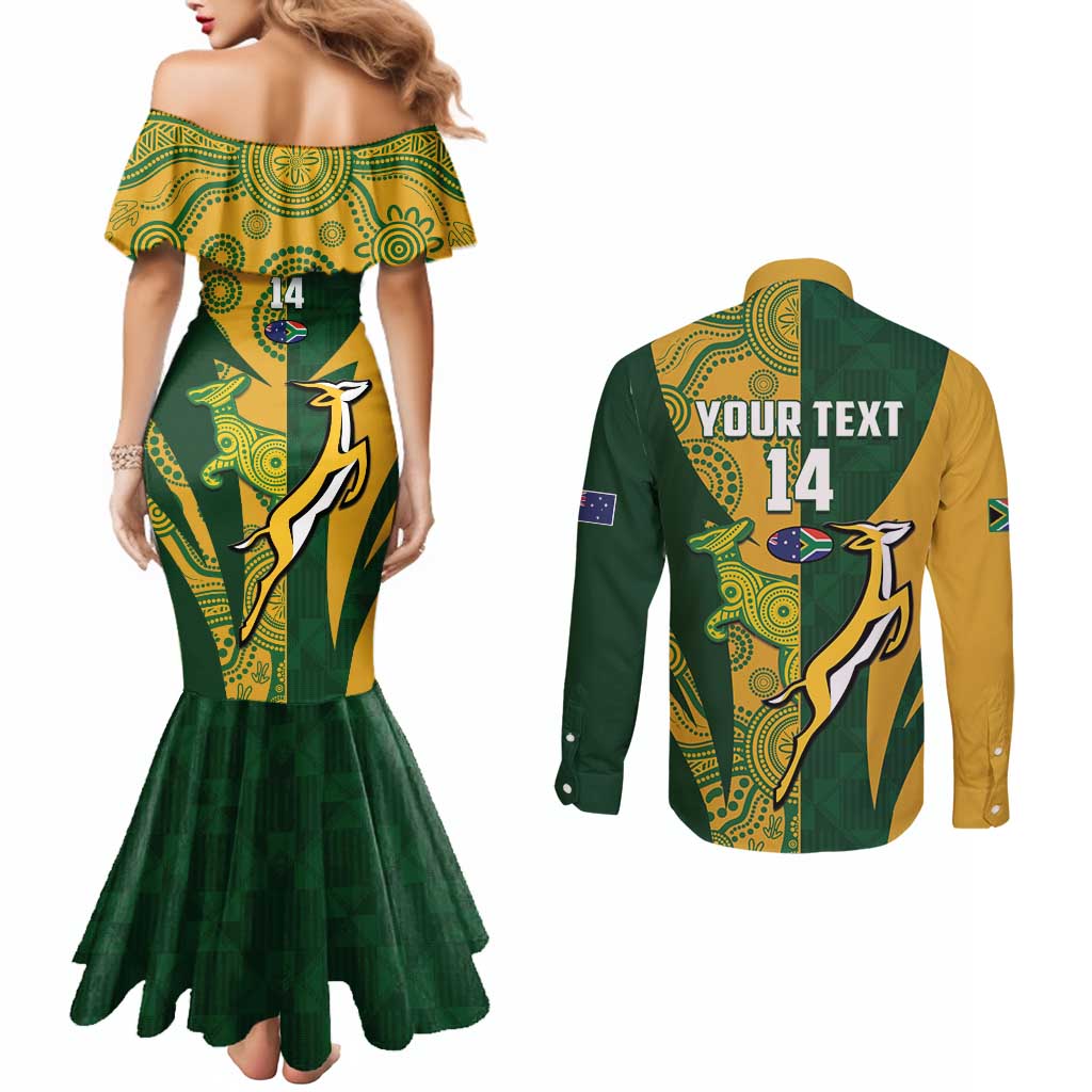 South Africa Australia Rugby Custom Couples Matching Mermaid Dress and Long Sleeve Button Shirt Springboks Wallabies Together - Wonder Print Shop