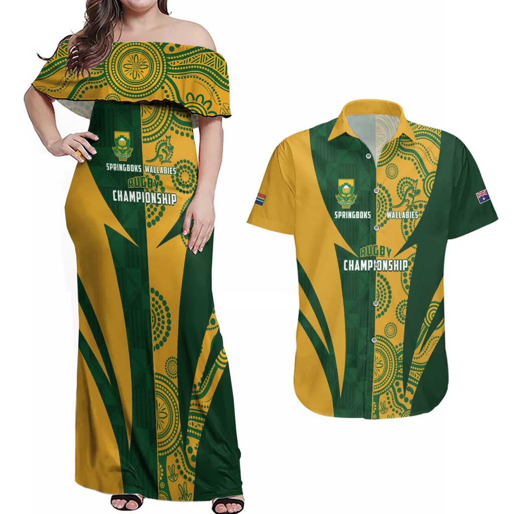 South Africa Australia Rugby Custom Couples Matching Off Shoulder Maxi Dress and Hawaiian Shirt Springboks Wallabies Together - Wonder Print Shop