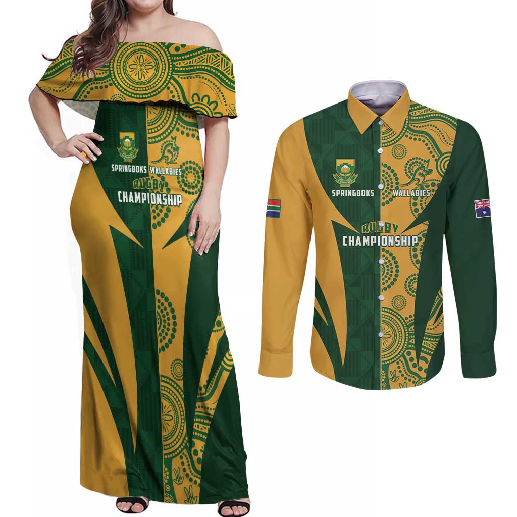South Africa Australia Rugby Custom Couples Matching Off Shoulder Maxi Dress and Long Sleeve Button Shirt Springboks Wallabies Together - Wonder Print Shop