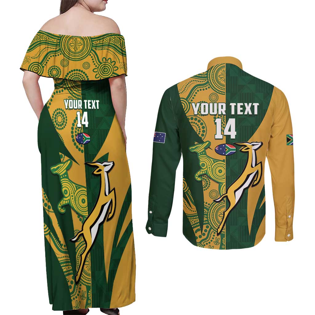 South Africa Australia Rugby Custom Couples Matching Off Shoulder Maxi Dress and Long Sleeve Button Shirt Springboks Wallabies Together - Wonder Print Shop