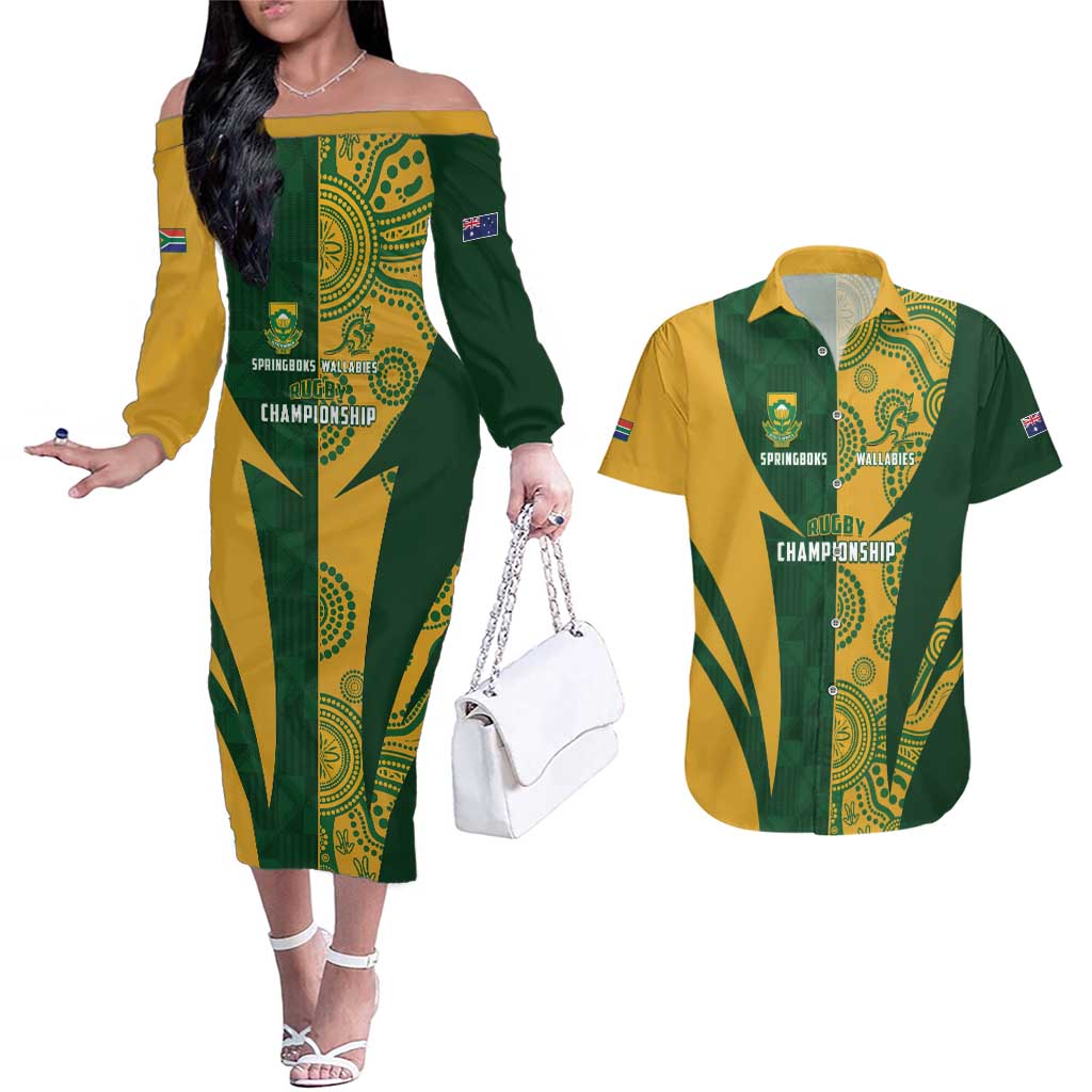 South Africa Australia Rugby Custom Couples Matching Off The Shoulder Long Sleeve Dress and Hawaiian Shirt Springboks Wallabies Together - Wonder Print Shop