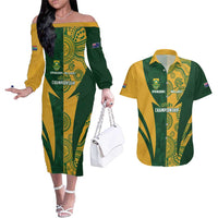 South Africa Australia Rugby Custom Couples Matching Off The Shoulder Long Sleeve Dress and Hawaiian Shirt Springboks Wallabies Together - Wonder Print Shop