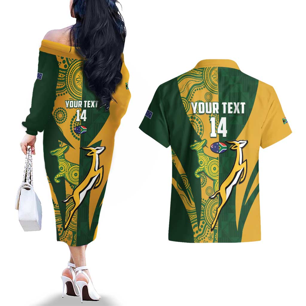 South Africa Australia Rugby Custom Couples Matching Off The Shoulder Long Sleeve Dress and Hawaiian Shirt Springboks Wallabies Together - Wonder Print Shop
